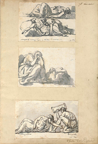 Roman Album No.11, Jacques Louis David, Album of 26 leaves and a flyleaf, with 99 drawings (including 17 tracings) affixed to 20 greenish leaves and 6 white leaves; bound in brown leather