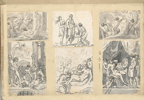 Roman Album No.8, Jacques Louis David, Album of 23 leaves (originally 24; leaf 14 absent) and a flyleaf, with 101 drawings(including one that is loose, one executed directly on leaf 17 verso, and 19 tracings) affixed to 19 greenish leaves and 4 white leaves; bound in brown leather