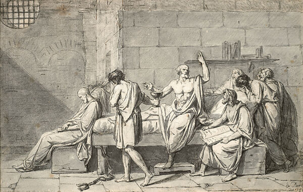 The Death of Socrates, Jacques Louis David, Black chalk, brush and gray wash, touches of pen and black and brown ink, with two irregularly shaped fragments of paper affixed to the sheet and a strip added along the upper margin