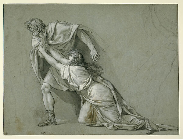 The Departure of Marcus Atilius Regulus for Carthage, Jacques Louis David, Pen and black ink, brush and gray and brown wash, heightened with white, over traces of black chalk, on blue laid paper