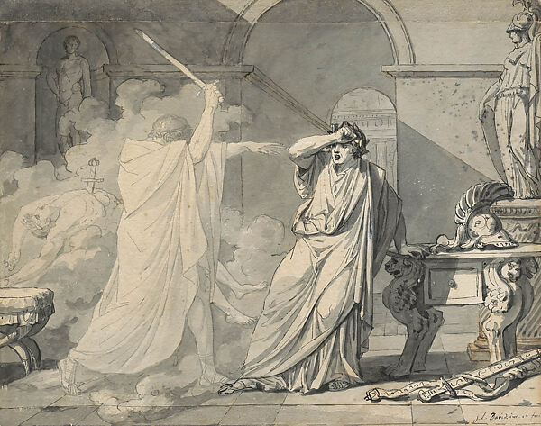 The Ghost of Septimius Severus Appearing to Caracalla after the Murder of His Brother Geta, Jacques Louis David, Pen and gray and brown ink, brush and gray wash, over black chalk, heightened with touches of white, with strips of paper added along the upper and lower margins