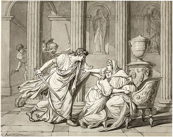 Caracalla Killing His Brother Geta in the Arms of His Mother, Jacques Louis David, Pen and black ink, brush and gray wash, heightened with white, over black chalk