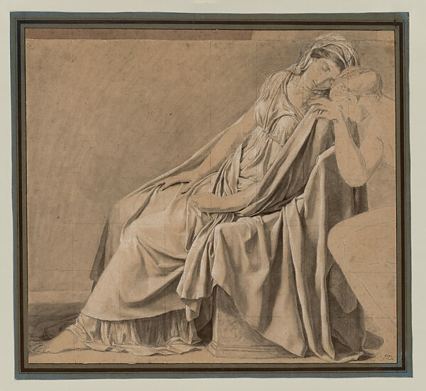 Sabina, Jacques Louis David, Black chalk, stumped, heightened with white, squared in black chalk, on several joined pieces of beige paper