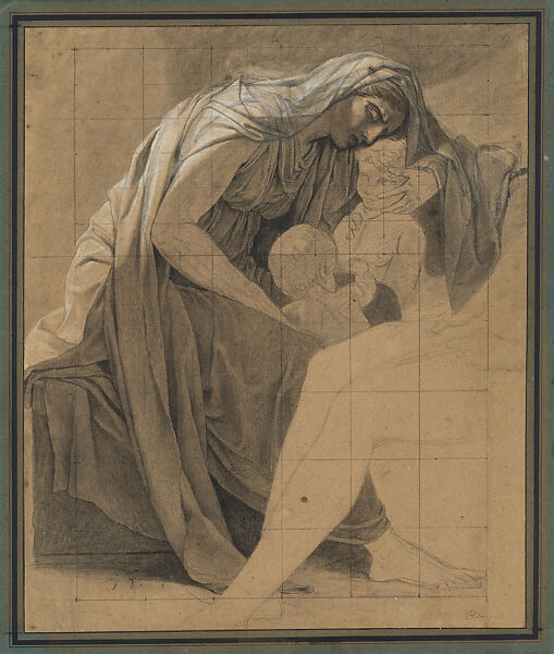 The Nurse and the Children of the Horatii, Jacques Louis David, Black chalk, stumped, heightened with white, squared in black chalk, on beige paper