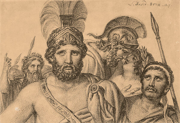 Group of Figures Inspired by “Leonidas at Thermopylae”, Jacques Louis David, Black chalk