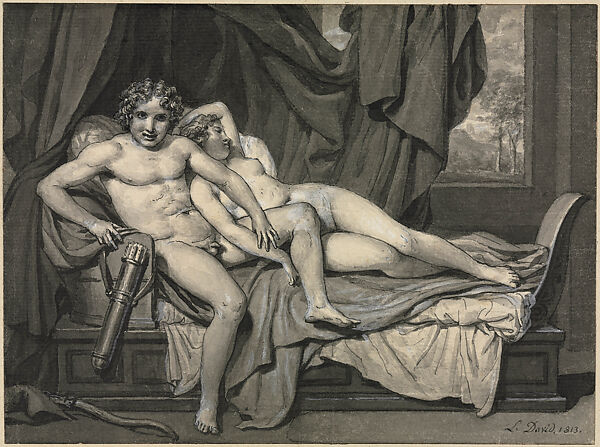 Cupid and Psyche, Jacques Louis David, Pen and black ink, brush and gray wash, heightened with white gouache, over black chalk