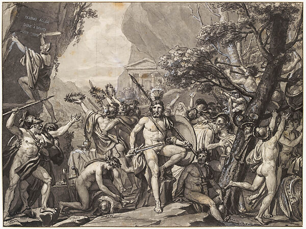 Leonidas at Thermopylae, Jacques Louis David, Pen and black ink, brush and gray and black wash, heightened with white gouache, over black chalk, lightly squared in black chalk