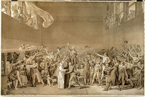 The Oath of the Tennis Court, Jacques Louis David, Pen and brown and black ink, brush and brown wash, heightened with white, over black chalk, with two irregularly shaped fragments of paper affixed to the sheet