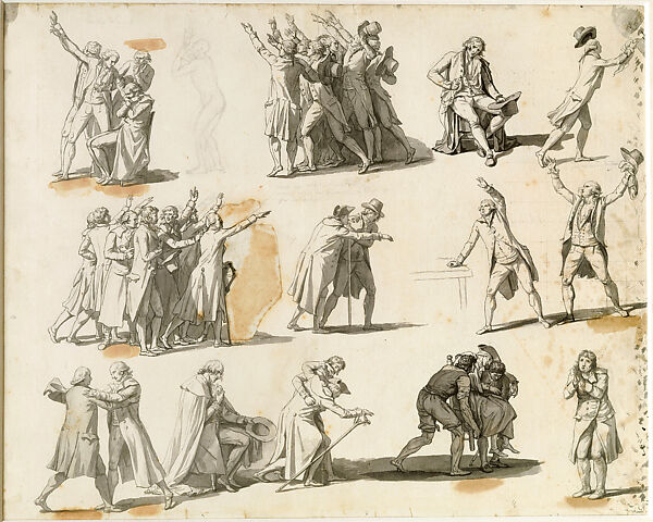 Deputies and Groups of Deputies: Sheet of Fourteen Studies for “The Oath of the Tennis Court”, Jacques Louis David, Graphite, pen and black ink, brush and gray wash, squared in graphite, with fragments of paper affixed to the sheet