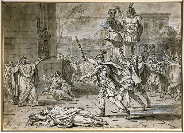 The Death of Camilla, Jacques Louis David, Pen and black ink, brush and gray wash, black chalk