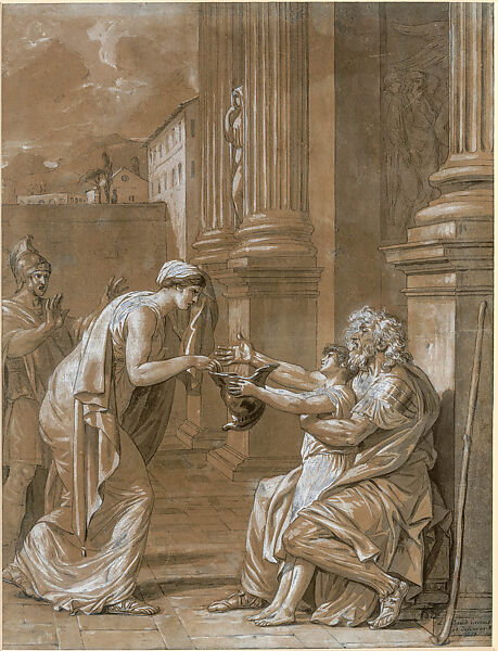 Belisarius Begging for Alms, Jacques Louis David, Pen and black ink, brush and gray wash, heightened with white gouache, on faded blue paper