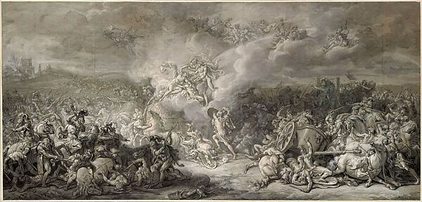 The Combat of Diomedes, Jacques Louis David, Pen and black ink, brush and gray wash, black chalk, heightened with
white, on three joined sheets of gray-blue paper
