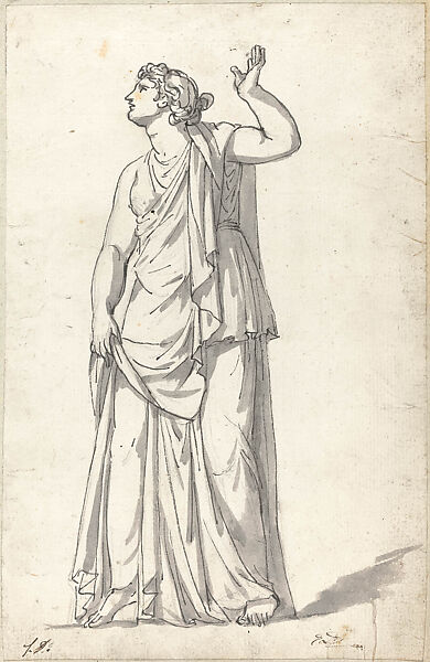 Statue of a Standing Woman (Anchyrroe); from Roman Album no. 6, leaf 5, Jacques Louis David, Pen and black ink, brush and gray wash, over black chalk