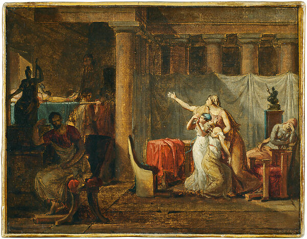The Lictors Bringing Brutus the Bodies of His Sons, Jacques Louis David, Oil over pen and black ink, squared in black chalk, on paper laid down on canvas