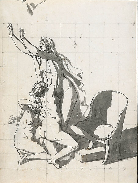 The Wife and Daughters of Brutus, Jacques Louis David, Pen and black ink, brush and gray wash, touches of brush and brown wash, squared and (along lower margin) numbered in black chalk