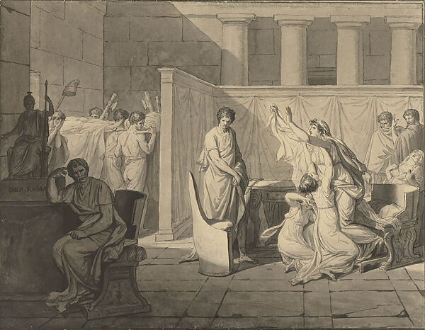 The Lictors Bringing Brutus the Bodies of His Sons, Jacques Louis David, Pen and black ink, brush and gray wash, over black chalk