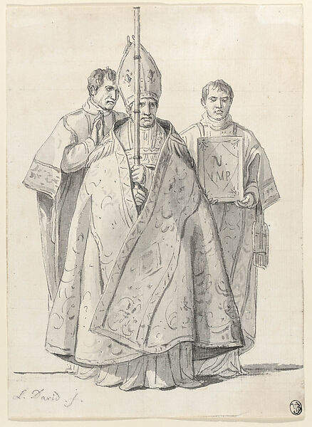 Study of a Bishop and Two Clerics, Jacques Louis David, Pen and gray ink, brush and gray wash, over black chalk, squared in black chalk