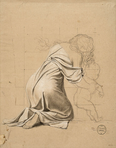 Kneeling Sabine, Lifting a Nude Infant, Jacques Louis David, Graphite, black chalk, stumped, heightened with white, squared in graphite