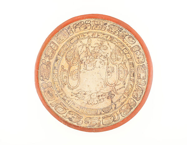 Plate with the Maize God emerging from a water lily, Ceramic, pigment, Maya