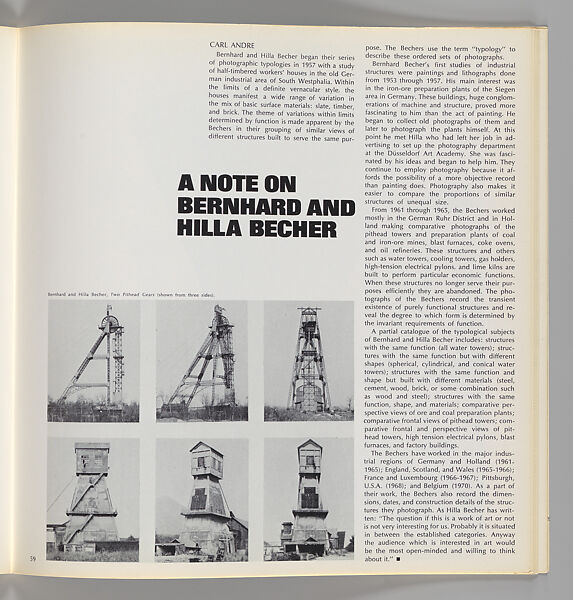 Carl Andre, "A Note on Bernhard and Hilla Becher," Artforum 11, no. 4 (December 1972), Bernd and Hilla Becher, Magazine