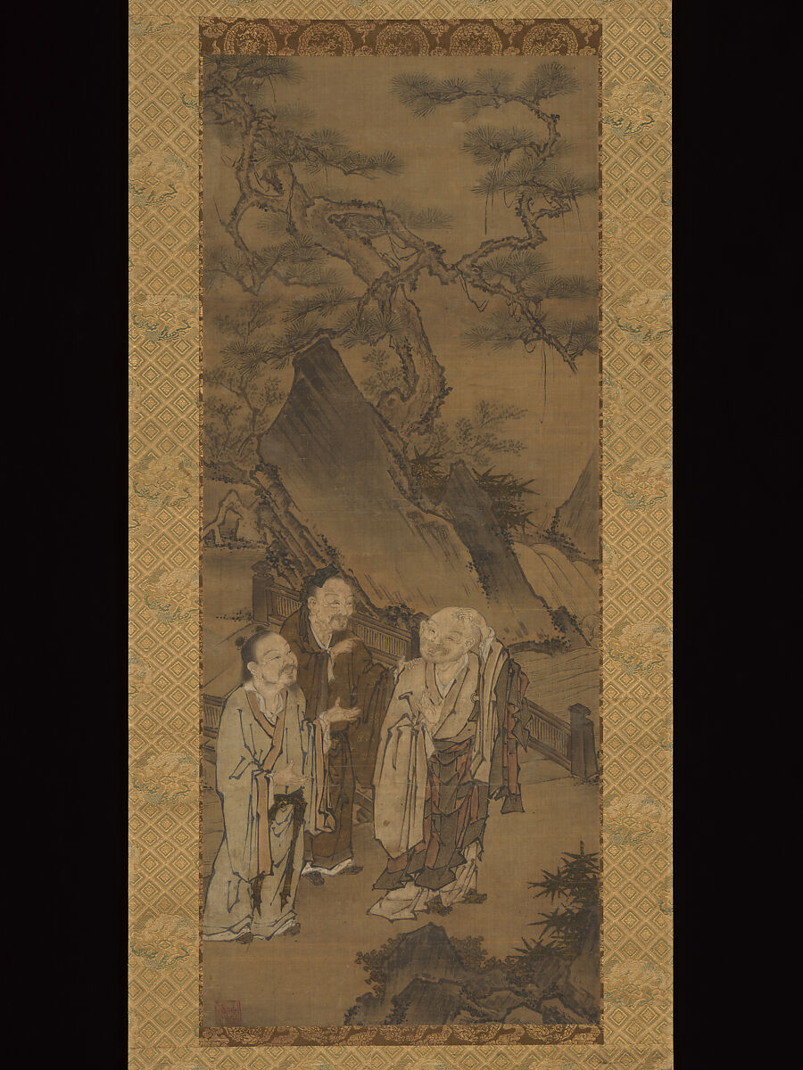 Three Laughers of Tiger Ravine, Sekishō Shōan 石樵昌安, Hanging scroll; ink, color, and gold on silk, Japan