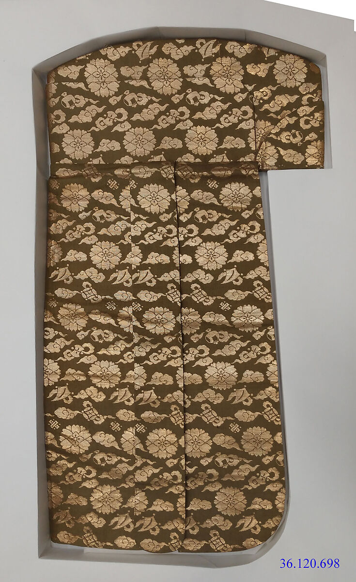 Noh Headdress with Auspicious Motifs, Twill-weave silk with supplementary gold-thread weft patterning, Japan