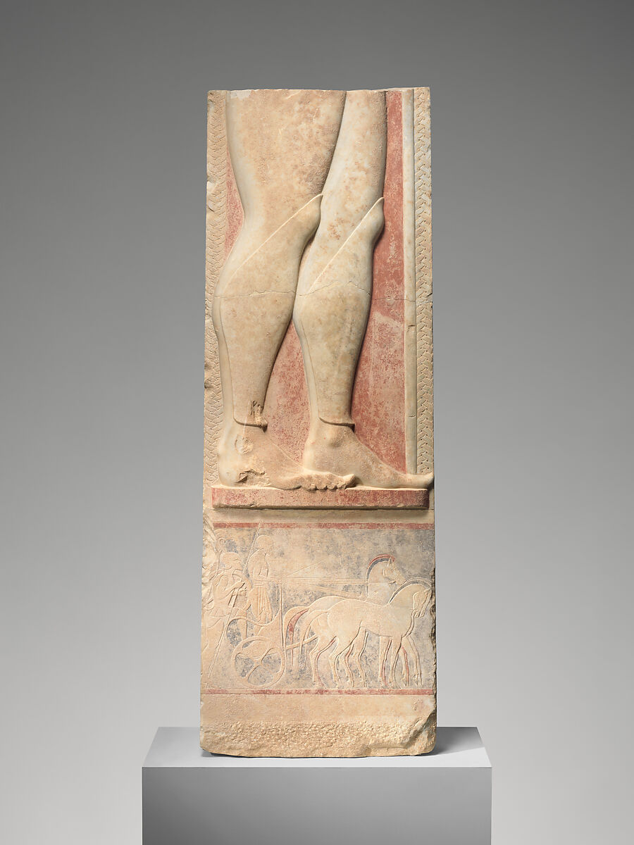 Fragment of the marble stele (grave marker) of a hoplite (foot soldier), Marble, Hymettian, Greek, Attic