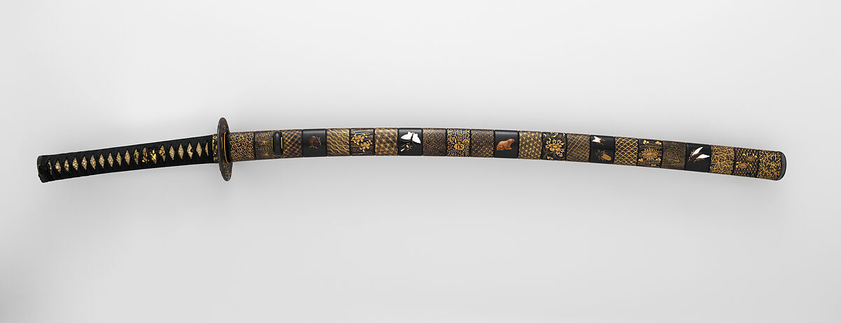 印籠刻昆虫図螺鈿据文象嵌鞘打刀拵 Blade and Mounting for a Sword (<i>Katana</i>), Steel, wood, lacquer, mother-of-pearl, rayskin (<i>same</i>), thread, copper-gold alloy (<i>shakudō</i>), copper-silver alloy (<i>shibuichi</i>), gold, iron, Japanese