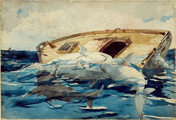 Sharks (The Derelict), Winslow Homer, Watercolor and graphite on wove paper, American