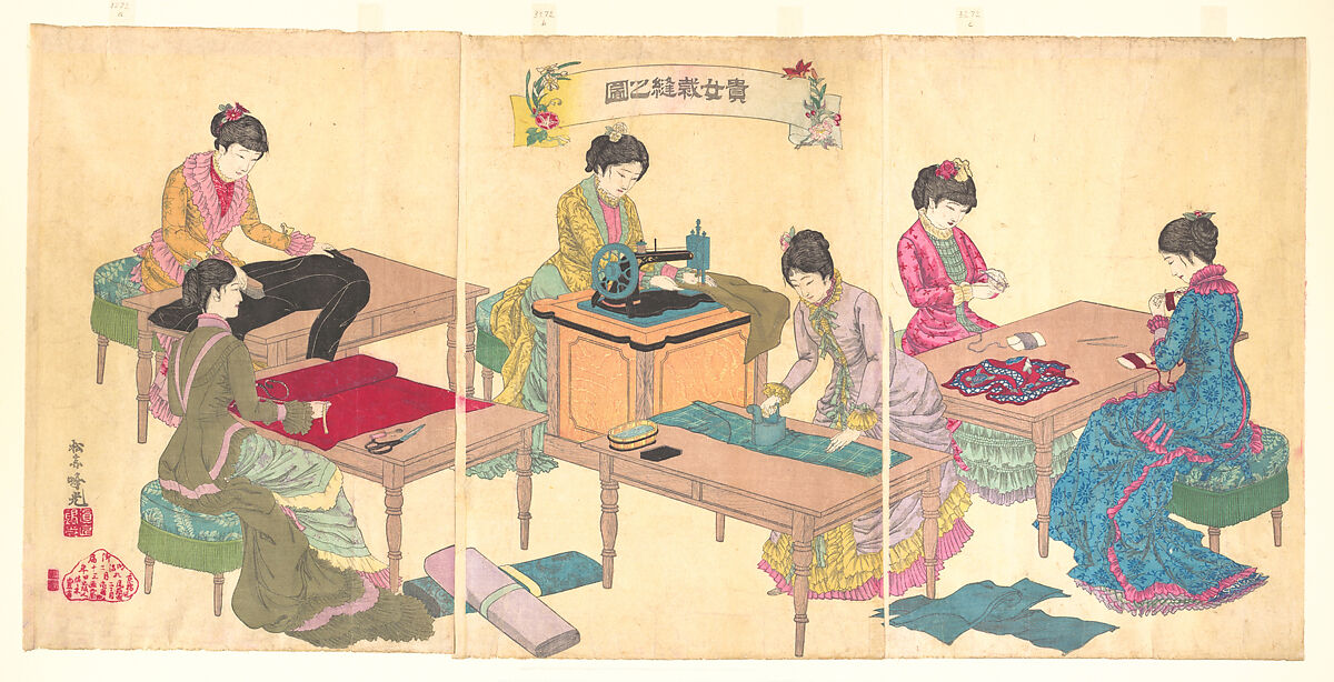 Ladies Sewing  (Kijo saihō no zu), Adachi Ginkō, Triptych of woodblock prints (nishiki-e); ink and color on paper, Japan