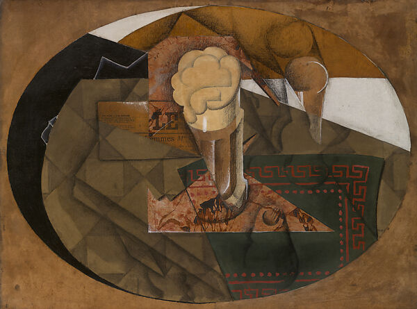 The Glass of Beer, Juan Gris, Cut-and-pasted white wove paper, printed wallpapers, newspaper, laid and wove papers, conté crayon, gouache, oil, and wax crayon on canvas