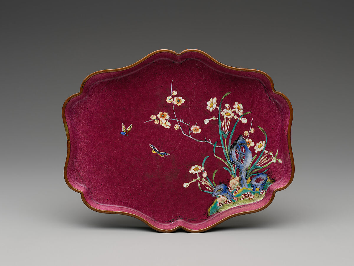 Lobed tray with rock, flowers, and butterflies, Painted enamel on copper alloy, China