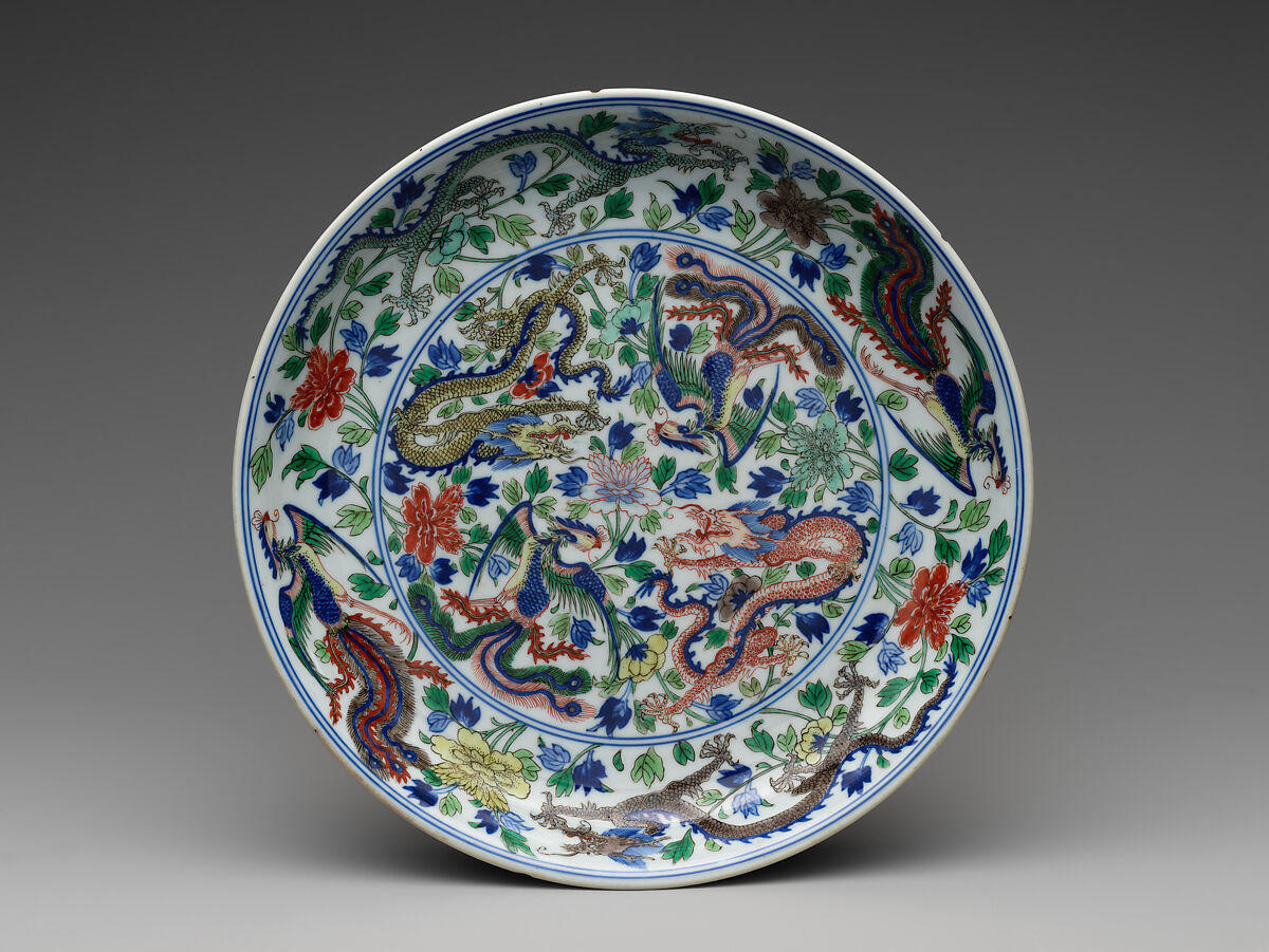 Dish with dragons and phoenixes, Porcelain painted in underglaze cobalt blue and overglaze polychrome enamels (Jingdezhen ware), China