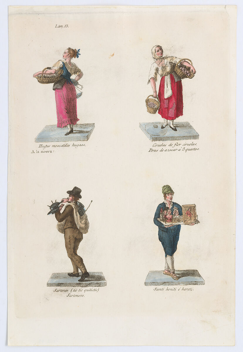 Plate 13: four street vendors from Madrid selling muscat grapes, plums, pans and pop-up saints, from 'Los Gritos de Madrid' (The Cries of Madrid), Miguel Gamborino, Engraving with hand coloring