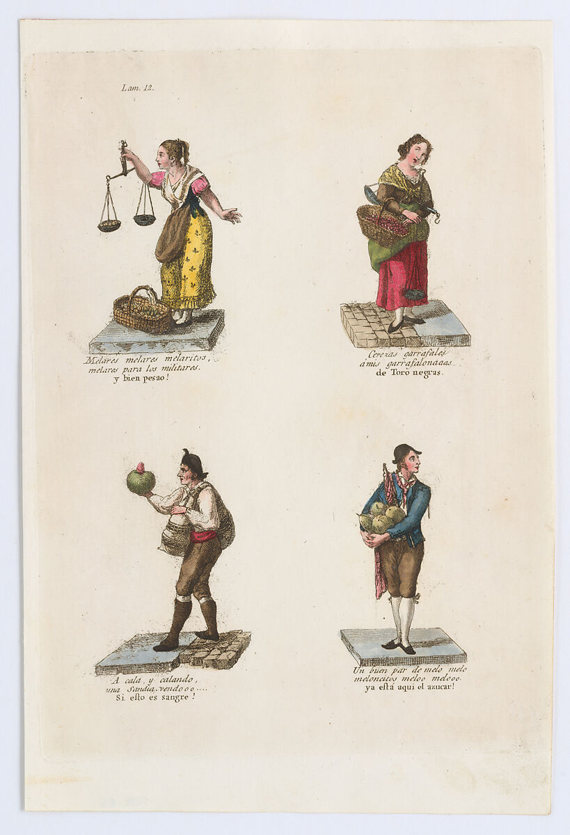 Plate 12: four street vendors from Madrid selling dried fruit, cherries, and melons, from 'Los Gritos de Madrid' (The Cries of Madrid), Miguel Gamborino, Engraving with hand coloring