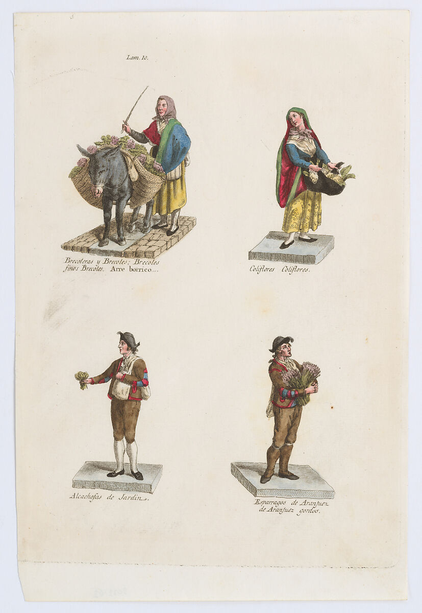 Plate 10: four street vendors from Madrid selling broccoli, cauliflower, artichokes, and asparagus, from 'Los Gritos de Madrid' (The Cries of Madrid), Miguel Gamborino, Engraving with hand coloring