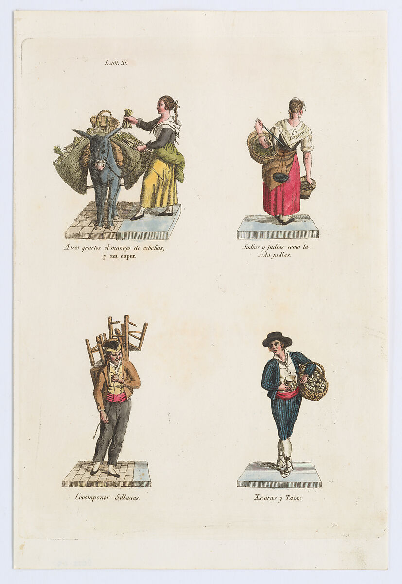Plate 16: four street vendors from Madrid selling onions, beans, chairs, and crockery, from 'Los Gritos de Madrid' (The Cries of Madrid), Miguel Gamborino, Engraving with hand coloring
