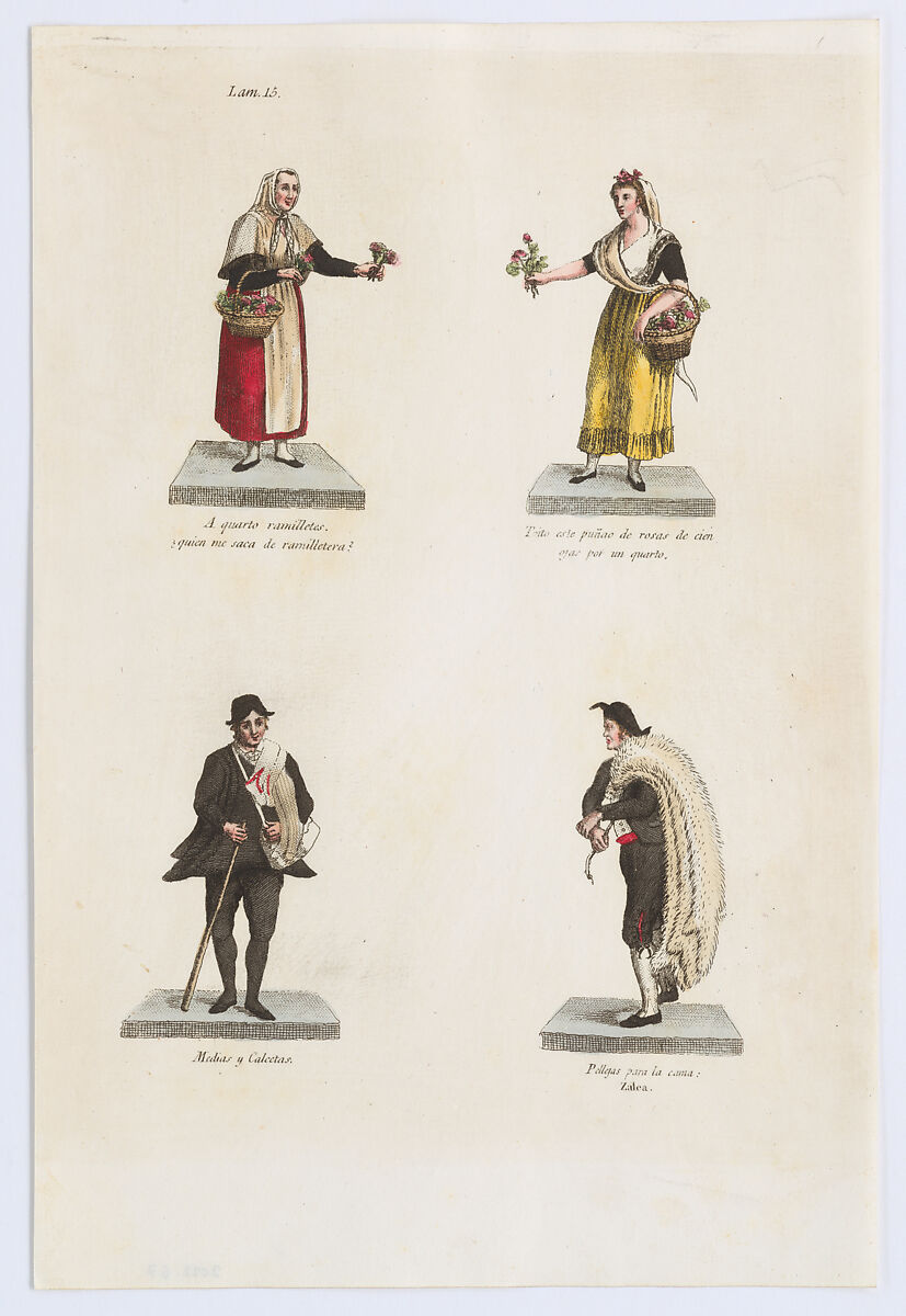 Plate 15: four street vendors from Madrid selling flowers, socks, and skins, from 'Los Gritos de Madrid' (The Cries of Madrid), Miguel Gamborino, Engraving with hand coloring