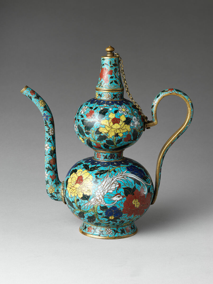 Double-gourd form ewer with birds and flowers, Cloisonné enamel, China