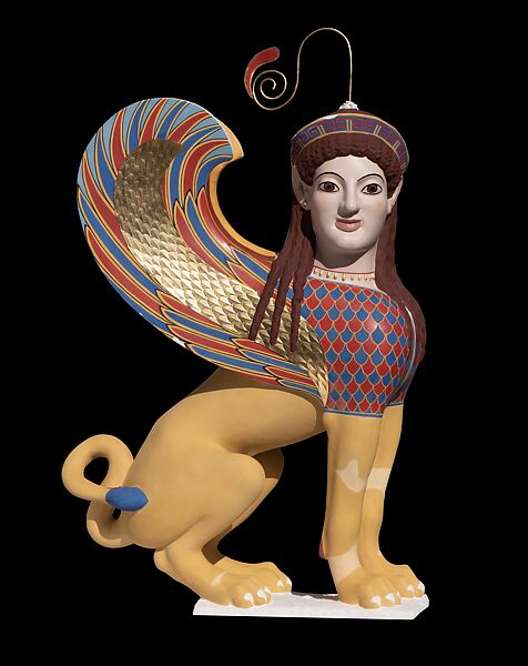 Reconstruction of a marble finial in the form of a sphinx, Vinzenz Brinkmann, Cast from polymethyl metacrylate, natural pigments in egg tempera, gold foil, and copper