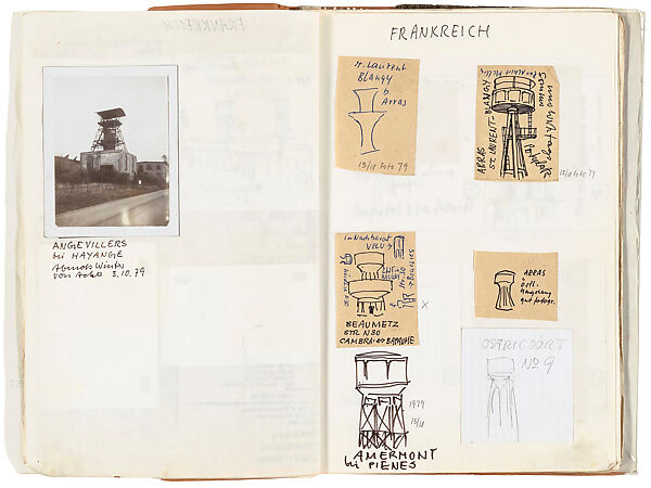 Journal with Notes on Travel in France, Bernd and Hilla Becher, Ink and graphite on paper, instant diffusion transfer print (Polaroid)