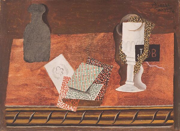 Still Life with a Bottle, Playing Cards, and a Wineglass on a Table, Pablo Picasso, Oil, sand, and graphite on paperboard, mounted on cradled wood panel