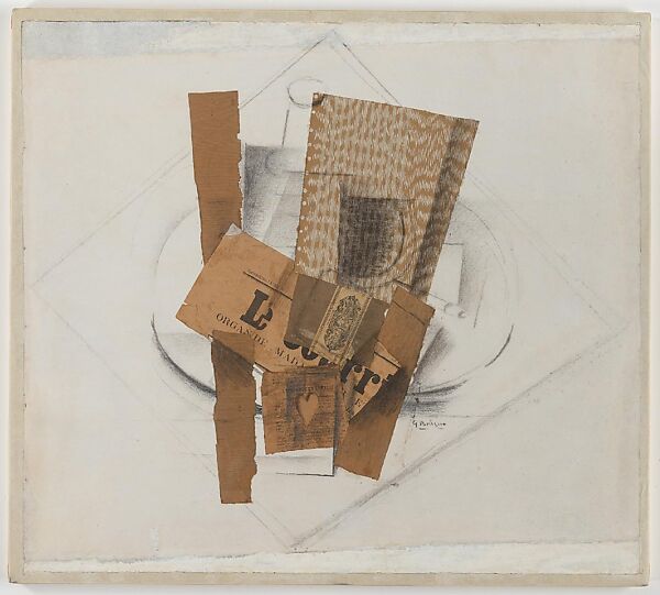 Still Life: Playing Card, Bottle, Newspaper, and Tobacco Packet (Le Courrier), Georges Braque, Cut-and-pasted printed newspaper, printed wallpaper, printed packing, charcoal, graphite, black ink, and white opaque watercolor on laid paper