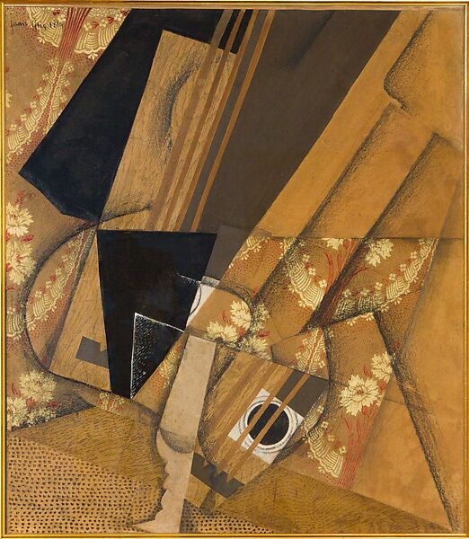 Guitar and Glass, Juan Gris, Cut-and-pasted printed wallpapers, laid paper, gouache, and crayon on paperboard