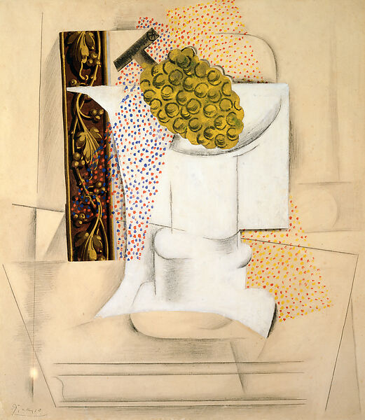 Fruit-Dish with Grapes, Pablo Picasso, Cut-and-pasted printed wallpaper, laid and wove papers, gouache, and graphite on laid paper