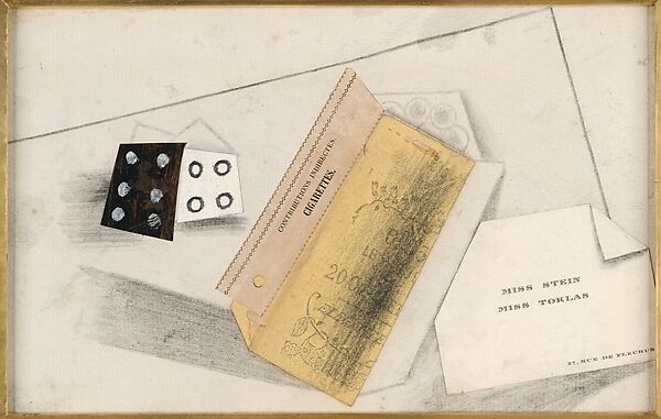 Dice, Packet of Cigarettes, and Visiting-Card, Pablo Picasso, Cut-and-pasted laid and wove papers, charcoal, graphite, printed commercial label, and printed calling card on laid paper