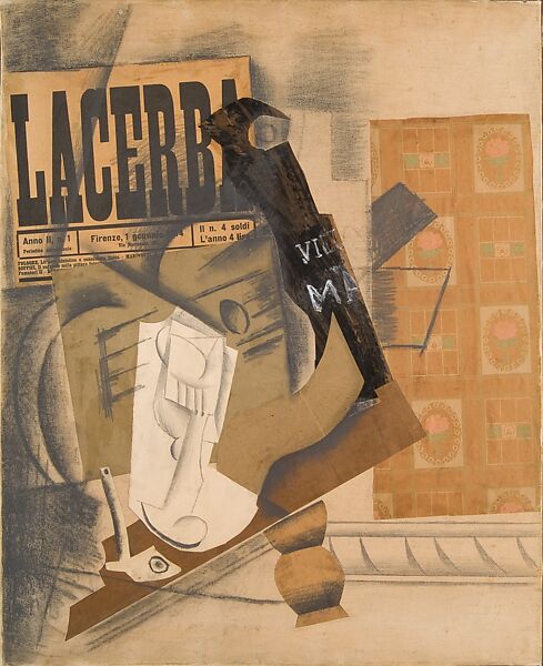 Pipe, Glass, Bottle of Vieux Marc, Pablo Picasso, Cut-and-pasted printed wallpaper, laid and wove papers, newspaper, charcoal, ink, graphite, and gouache on unprimed linen