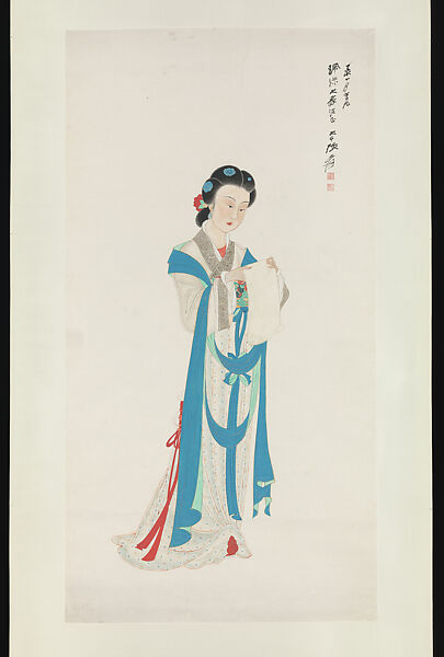 Lady reading a scroll, Zhang Daqian, Hanging scroll; ink and color on paper, China