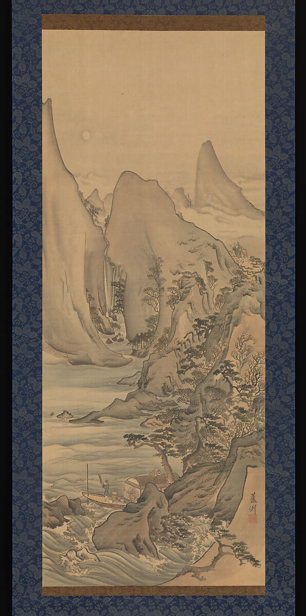 Boat under the Moon, Nagasawa Roshū 長澤蘆洲, Hanging scroll; ink and color on silk, Japan