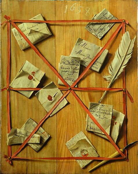 A Board with Letters, Quill Knife, and Quill Pen behind Red Straps, Wallerant Vaillant, Oil on canvas